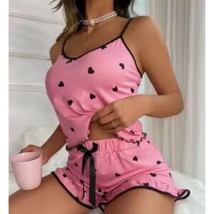 Pink Heart Print Cami Top &‎ Shorts Pajama Set Sleepwear Loungewea, XXL